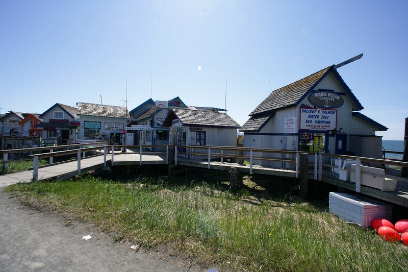 The 'Homer Spit'. These little shops line both sides of this small  finger.