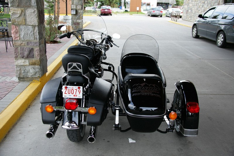 This really clean sidecar rig is used for motorcycle tours of the Jasper area