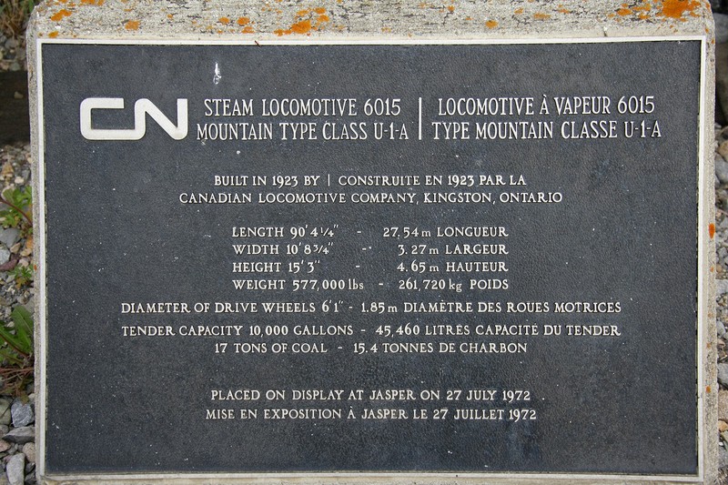 An old steam locomotive on display at the Jasper rail station