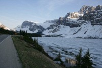 Usually a bright turquise, the late sun and lingering ice make this shot of Bow Lake  look more like winter than the beginning of June.