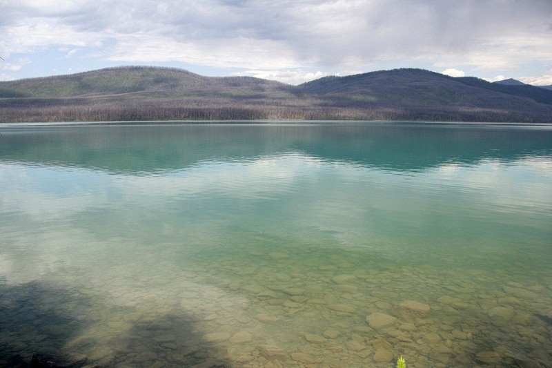 Lake McDonald.  The water in this lake is more green than the bright blue/green of the lakes and streams in Alberta.