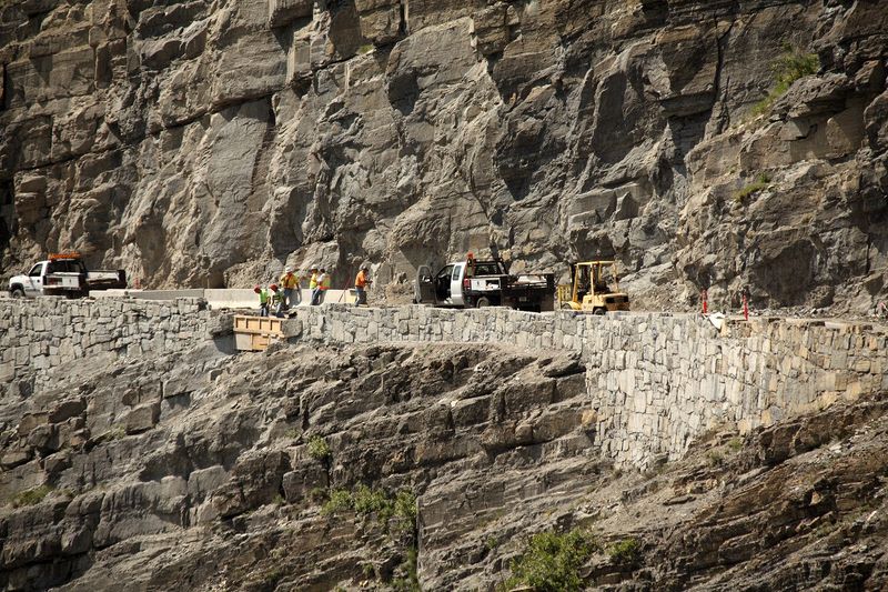 The Going to the Sun Road was severely damaged by snowslides and was necked down to one lane near the top at the eastern end.
