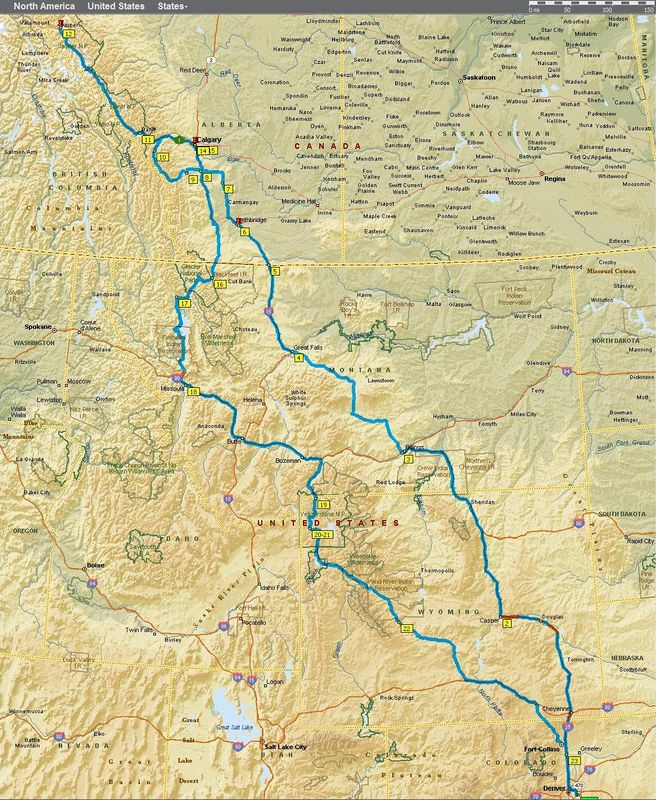 The planned route.  About 3000 miles over the course of about 14 days.